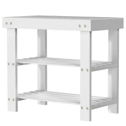 Banco Zapatero de Bambú con Asiento y 2 Estantes para 4 Pares para Entrada Salón Dormitorio 50x28x45 cm Blanco - Ogal.Es