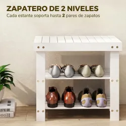Banco Zapatero de Bambú con Asiento y 2 Estantes para 4 Pares para Entrada Salón Dormitorio 50x28x45 cm Blanco - Ogal.Es