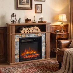 Chimenea Eléctrica Decorativa 1800W con Repisa Efecto Llama 5 Brillos Termostato Temporizador Mando Marrón - Ogal.Es