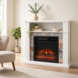 Chimenea Eléctrica Decorativa 1800W con Repisa Efecto Llama 5 Brillos Termostato Temporizador Mando Blanco - Ogal.Es