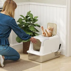 Arenero para Gatos de Acero Inoxidable XL con Tapa Abatible Caja de Arena Cerrada Borde Alto 2 Entradas Pala Met... - Ogal.Es