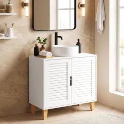 Mueble Bajo Lavabo con 2 Puertas de Lamas Estante Ajustable y Patas de Bambú 60x30x60 cm Blanco - Ogal.Es
