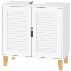 Mueble Bajo Lavabo con 2 Puertas de Lamas Estante Ajustable y Patas de Bambú 60x30x60 cm Blanco - Ogal.Es