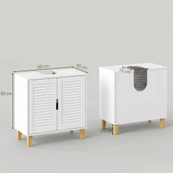 Mueble Bajo Lavabo con 2 Puertas de Lamas Estante Ajustable y Patas de Bambú 60x30x60 cm Blanco - Ogal.Es