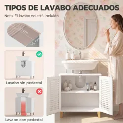 Mueble Bajo Lavabo con 2 Puertas de Lamas Estante Ajustable y Patas de Bambú 60x30x60 cm Blanco - Ogal.Es