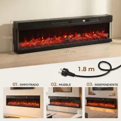 Chimenea Eléctrica Empotrable o de Pie 750/1500W 3 Caras 12 Colores de Llama 3D Termostato Control Remoto Negro - Ogal.Es
