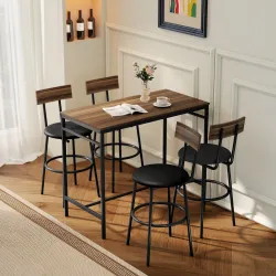 Juego de Mesa Alta de Bar y 4 Taburetes Asientos Tapizados en PU con Respaldo y Reposapiés Marrón - Ogal.Es