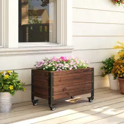 Jardinera Exterior de Madera con Ruedas con Orificio de Drenaje y Tela no Tejida Macetero 60x30x41 cm Marrón Oscuro - Ogal.Es