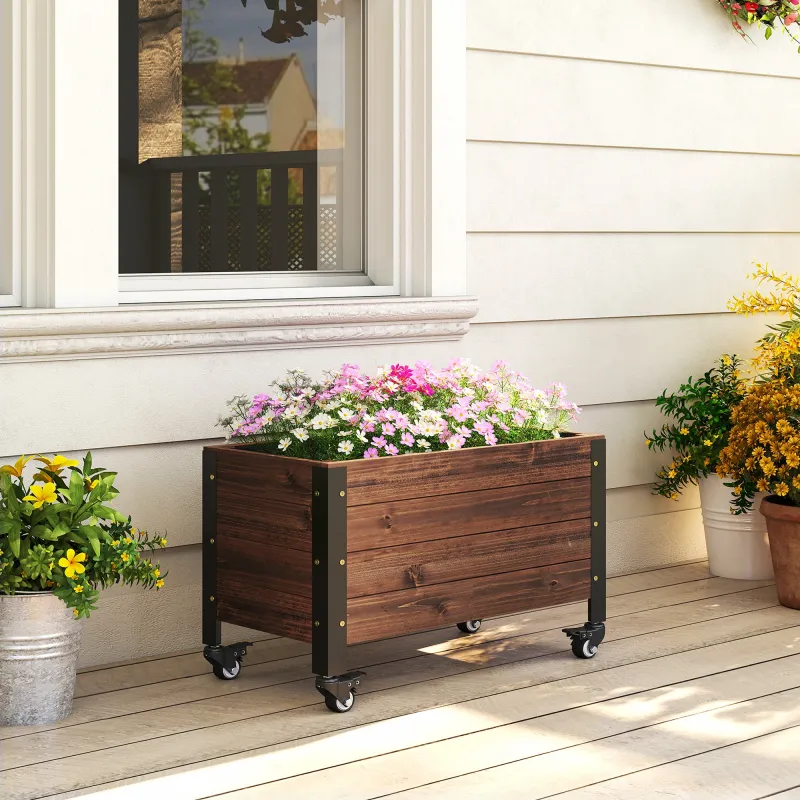 Jardinera Exterior de Madera con Ruedas con Orificio de Drenaje y Tela no Tejida Macetero 60x30x41 cm Marrón Oscuro - Ogal.Es