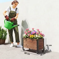 Jardinera Exterior de Madera con Ruedas con Orificio de Drenaje y Tela no Tejida Macetero 60x30x41 cm Marrón Oscuro - Ogal.Es