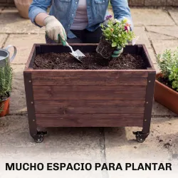 Jardinera Exterior de Madera con Ruedas con Orificio de Drenaje y Tela no Tejida Macetero 60x30x41 cm Marrón Oscuro - Ogal.Es