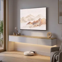 Mueble de TV Suspendido con Luces LED Enchufes Armario y 2 Cajones para Televisión 65 Pulgadas 140x24x20 cm Blanco - Ogal.Es