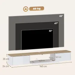 Mueble de TV Suspendido con Luces LED Enchufes Armario y 2 Cajones para Televisión 65 Pulgadas 140x24x20 cm Blanco - Ogal.Es