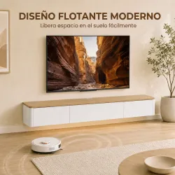 Mueble de TV Suspendido con Luces LED Enchufes Armario y 2 Cajones para Televisión 65 Pulgadas 140x24x20 cm Blanco - Ogal.Es