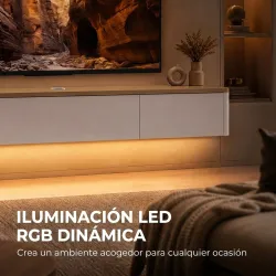 Mueble de TV Suspendido con Luces LED Enchufes Armario y 2 Cajones para Televisión 65 Pulgadas 140x24x20 cm Blanco - Ogal.Es