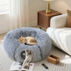 Túnel para Gatos 3 en 1 Cama Túnel para Gatos Plegable Cojín Lavable Entradas y Bola Colgante 90x80x27 cm Gris C... - Ogal.Es