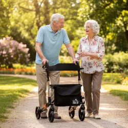 Andador para Ancianos Plegable de Aluminio con Asiento 4 Ruedas Altura Ajustable Frenos de Maneta Dorado y Negro - Ogal.Es