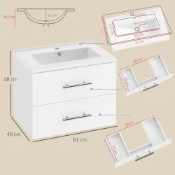 Mueble de Baño con Lavabo Montaje en Pared con 2 Cajones Lavamanos de Cerámica Estilo Moderno 61x40x48 cm Blanco - Ogal.Es