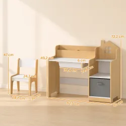 Escritorio Infantil con Silla con Caja de Tela Cajón 2 Compartimentos Estantes para Estudiar Dibujar 3-8 Años Na... - Ogal.Es