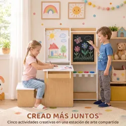 Mesa Infantil con Silla 5 en 1 con Pizarra Negra/Blanca y Rollo de Papel Almacenaje 4 Vasos de Pintura 3-8 Años ... - Ogal.Es