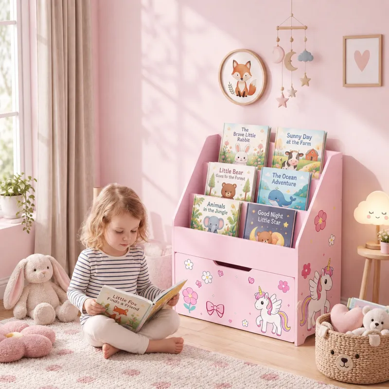 Librería Infantil con Cajón Móvil y 3 Estantes Estantería para Libros Diseño de Unicornio Montessori 3 a 8 Años ... - Ogal.Es