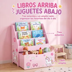 Librería Infantil con Cajón Móvil y 3 Estantes Estantería para Libros Diseño de Unicornio Montessori 3 a 8 Años ... - Ogal.Es