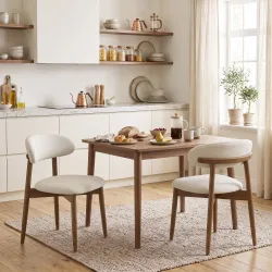 Juego de 2 Sillas de Comedor Tapizadas de Lino sin Brazos Respaldo Curvado Patas de Madera de Caucho Crema - Ogal.Es