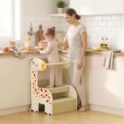 Torre de Aprendizaje Montessori Infantil Diseño de Jirafa de Madera con 2 Escalones Anchos Barandilla 3-8 Años A... - Ogal.Es