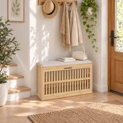 Banco Zapatero con Cajón Abatible Zapatero con Asiento Asiento Acolchado 80x30x48 cm Natural y Beige - Ogal.Es