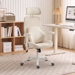 Silla de Escritorio Ergonómica Cojín Lumbar de Espuma Viscoelástica Reposacabezas 3D Reposabrazos Ajustables Beige - Ogal.Es