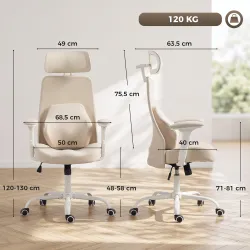 Silla de Escritorio Ergonómica Cojín Lumbar de Espuma Viscoelástica Reposacabezas 3D Reposabrazos Ajustables Beige - Ogal.Es