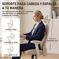 Silla de Escritorio Ergonómica Cojín Lumbar de Espuma Viscoelástica Reposacabezas 3D Reposabrazos Ajustables Beige - Ogal.Es