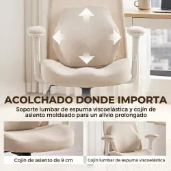 Silla de Escritorio Ergonómica Cojín Lumbar de Espuma Viscoelástica Reposacabezas 3D Reposabrazos Ajustables Beige - Ogal.Es