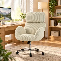 Silla de Oficina con Reposabrazos Respaldo Alto Reposacabezas Regulable Ruedas Altura Ajustable Giratoria Crema - Ogal.Es