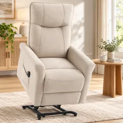 Sillón Relax Reclinable Eléctrico Levanta Personas 155° de Chenilla con Mando Asiento de Muelles Reposapiés Crema - Ogal.Es