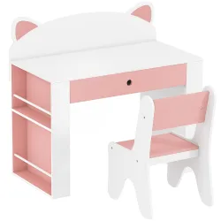 Juego de Mesa Infantil con Silla con Cajón y 4 Estantes Laterales Diseño de Orejitas de Zorro 3-8 Años Blanco y ... - Ogal.Es
