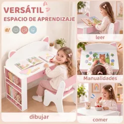 Juego de Mesa Infantil con Silla con Cajón y 4 Estantes Laterales Diseño de Orejitas de Zorro 3-8 Años Blanco y ... - Ogal.Es