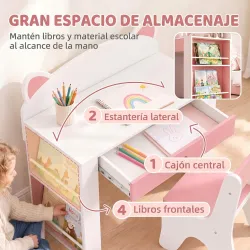 Juego de Mesa Infantil con Silla con Cajón y 4 Estantes Laterales Diseño de Orejitas de Zorro 3-8 Años Blanco y ... - Ogal.Es