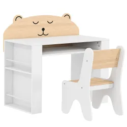 Juego de Mesa Infantil con Silla con Compartimento y 4 Estantes Laterales Montessori 3 a 8 Años Blanco y Natural - Ogal.Es