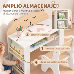 Juego de Mesa Infantil con Silla con Compartimento y 4 Estantes Laterales Montessori 3 a 8 Años Blanco y Natural - Ogal.Es