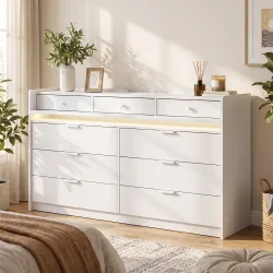 Cómoda con Luces LED, Estación de Carga y 9 Cajones Cajonera para Dormitorio para Salón Vestidor 148,7x45x82 cm ... - Ogal.Es