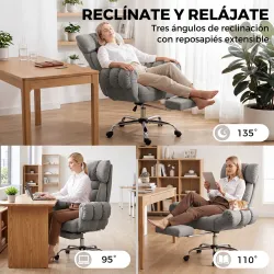 Silla de Oficina Ergonómica con Reposapiés Reposabrazos y Respaldo Alto Abatibles Reclinable 135° Altura Ajustab... - Ogal.Es