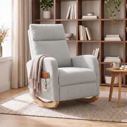 Silla Mecedora de Pana con Respaldo Alto Patas de Madera Bolsillos Reposabrazos Estilo Moderno Gris Claro - Ogal.Es