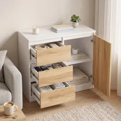 Aparador de Salón Pequeño con Puerta 3 Cajones 80x40x75 cm para Entrada Comedor Blanco y Natural - Ogal.Es