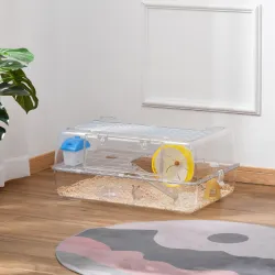 Jaula para Hámster de 2 Niveles con Cuenco Bebedero Casita Rampa Rueda de Ejercicio 74x46x32 cm Transparente - Ogal.Es