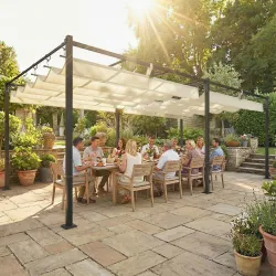 Pérgola de Jardín 6x3 m con Techo Retráctil Protección UPF50+ Drenaje Cenador de Jardín para Patio Exterior Crema - Ogal.Es