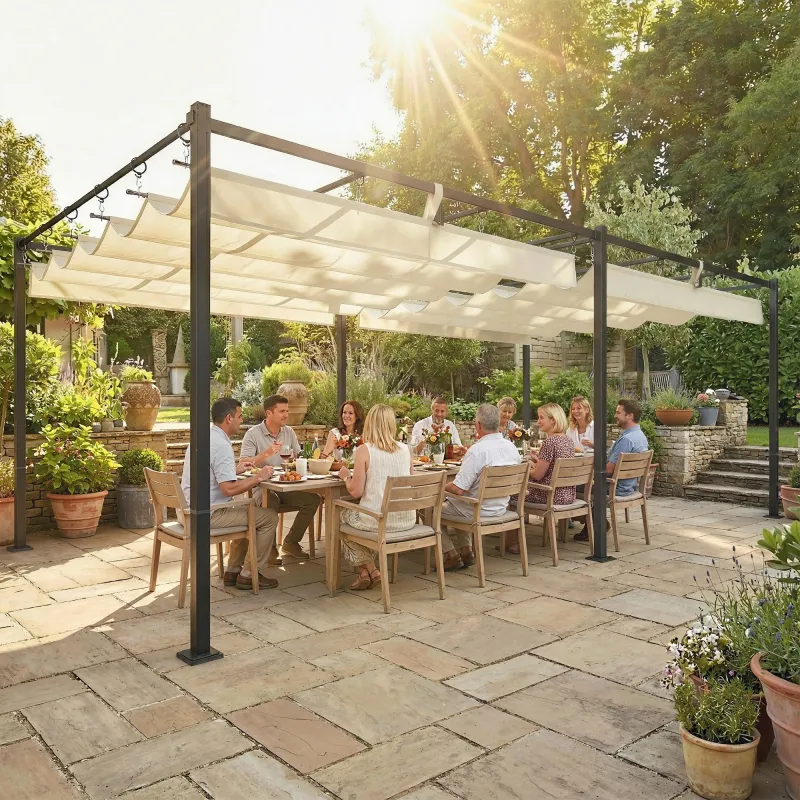 Pérgola de Jardín 6x3 m con Techo Retráctil Protección UPF50+ Drenaje Cenador de Jardín para Patio Exterior Crema - Ogal.Es