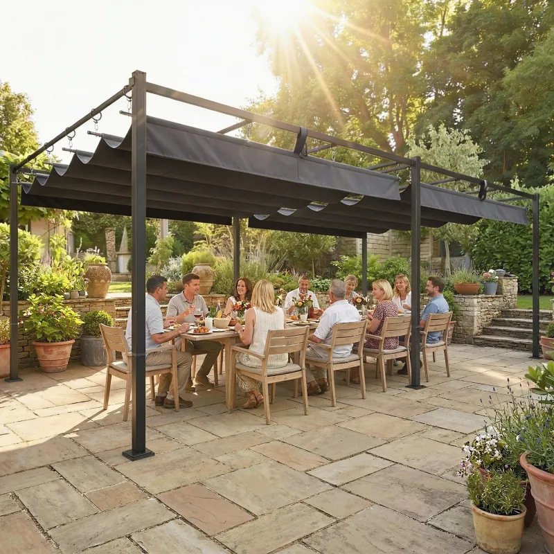 Pérgola de Jardín 6x3 m con Techo Retráctil Protección UPF50+ Drenaje Cenador de Jardín para Patio Exterior Gris... - Ogal.Es