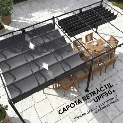 Pérgola de Jardín 6x3 m con Techo Retráctil Protección UPF50+ Drenaje Cenador de Jardín para Patio Exterior Gris... - Ogal.Es