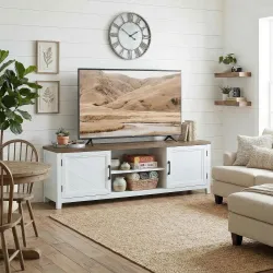 Mueble TV 140 cm, mueble para televisor de hasta 106,68 cm con 2 puertas, 2 compartimentos abiertos, blanco y ma... - Ogal.Es